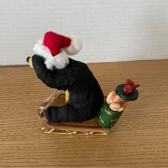 Vtg O’Well Bear Riding Sled w Barrel Fish Christmas Santa Hat Lodge Cabin Decor - Picture 3 of 10